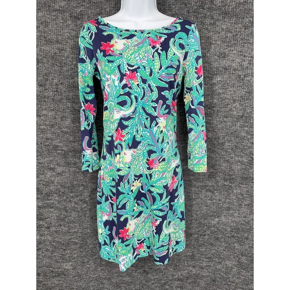 Lilly Pulitzer T Shirt Dress Womens XS Multicolor Floral Boat Neck 3/4 Sleeve